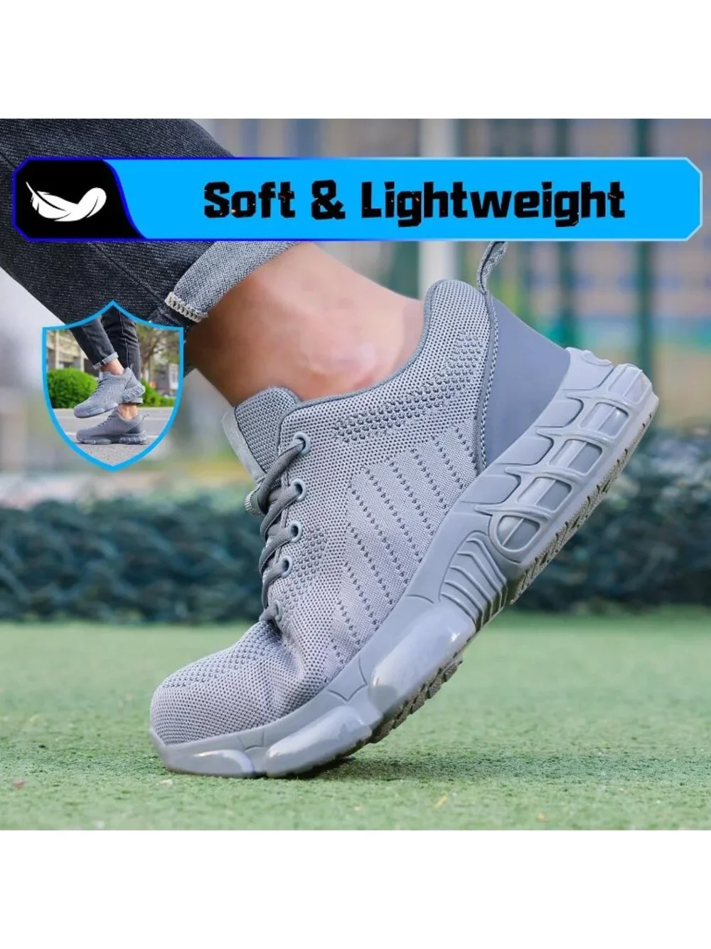 Men's Grey Resistant Midsole Shoes Low Top Steel Toe Non Slip Hiking Boots